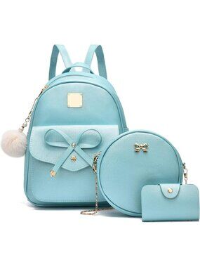 Women's Pearl Blue PU Leather lightweight Fahsion 3-Pieces Backpack Shoulder Bag